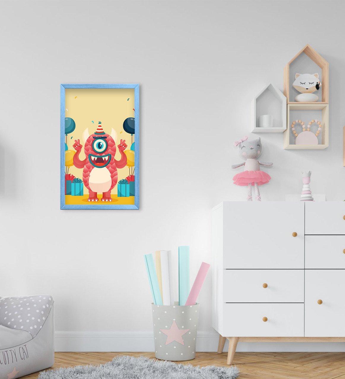 BK Home Tatlı Canavar Tasarımlı Dekoratif Mavi Ahşap Çerçeveli Çocuk Odası Tablo-7