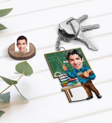 Kişiye Özel Erkek Matematik Öğretmeni Karikatürlü Ahşap Anahtarlık-1