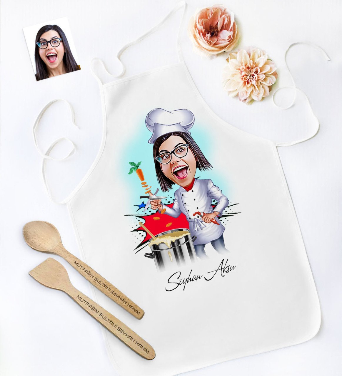 Kişiye Özel Bayan Chef Karikatürlü Mutfak Önlüğü Ahşap Kaşık Spatula Seti - 1