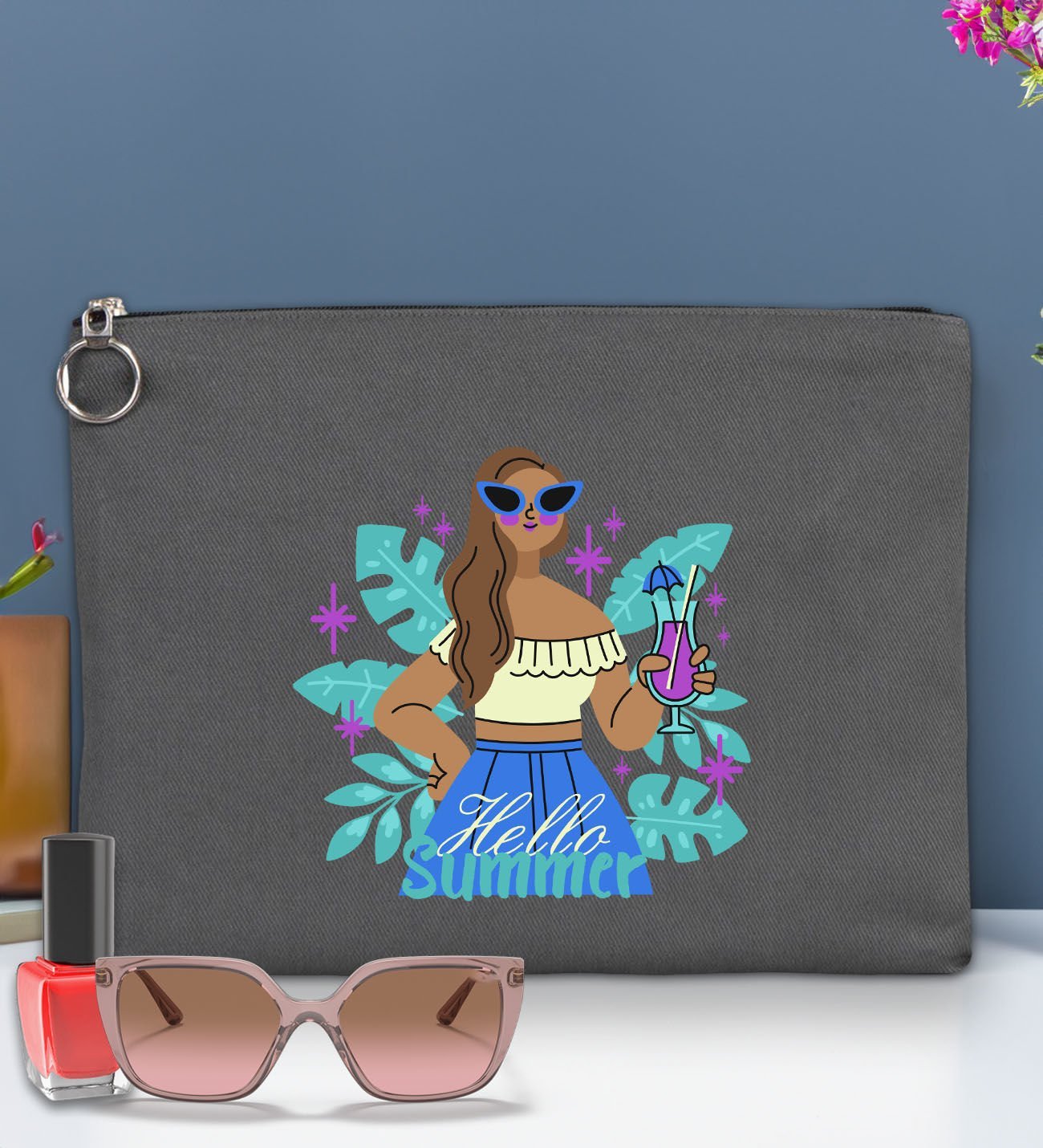 BK Gİft Yaz Temalı-3 Astarlı Antrasit Portföy Çanta 30x21cm, Baskılı El Çantası, Organizer Çanta