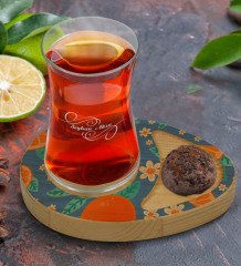 Kişiye Özel Portakal Tasarımlı Doğal Ahşap Tabaklı Heybeli Çay Bardağı Sunum Seti Model 1
