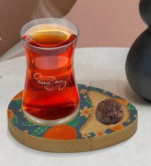 Kişiye Özel Portakal Tasarımlı Doğal Ahşap Tabaklı Heybeli Çay Bardağı Sunum Seti Model 1