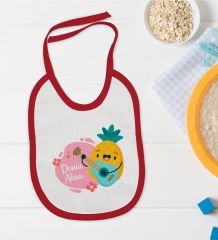 BK Kids Kişiye Özel Sevimli Ananas Tasarımlı Kırmızı Bebek Mama Önlüğü-1