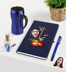 Kişiye Özel Bayan Avukat Karikatürlü Lacivert Defter Kalem ve Termos Mug Seti - 4