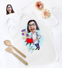 Kişiye Özel Bayan Chef Karikatürlü Mutfak Önlüğü Ahşap Kaşık Spatula Seti - 3