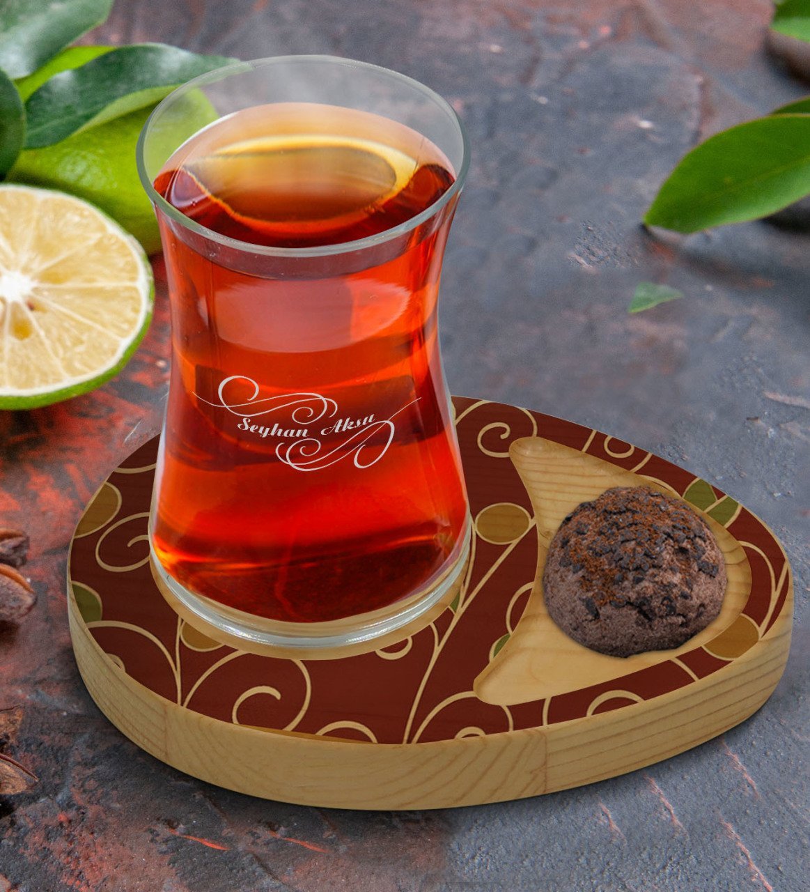 Kişiye Özel Retro Motif Tasarımlı Doğal Ahşap Tabaklı Heybeli Çay Bardağı Sunum Seti Model 1