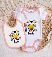 BK Kids Kişiye Özel İsimli Pembe Bebek Body Zıbın ve Mama Önlüğü Hediye Seti-31
