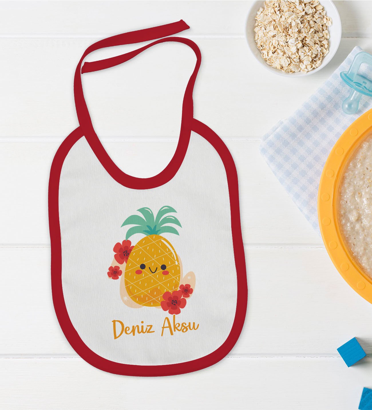 BK Kids Kişiye Özel Sevimli Ananas Tasarımlı Kırmızı Bebek Mama Önlüğü-2