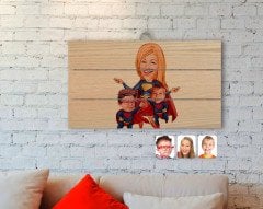 Kişiye Özel Anneler Günü Temalı Süper Anne ve Çocuklar Karikatürlü Otantik Ahşap Palet Tablo-1