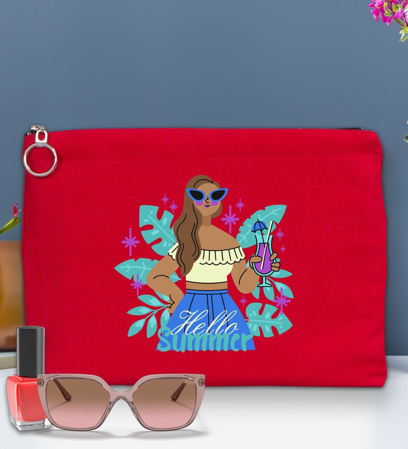 BK Gİft Yaz Temalı-3 Astarlı Kırmızı Portföy Çanta 30x21cm, Baskılı El Çantası, Organizer Çanta
