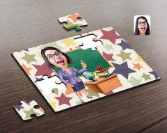 Kişiye Özel Kadın Öğretmen Karikatürlü Ahşap Puzzle-1