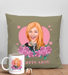 BK Gift Kişiye Özel Karikatürlü Anneler Günü Tasarımlı Haki Kırlent Yastık ve Kupa Seti, Anneye Hediye, Ev Dekorasyonu, Anneler Günü Hediyesi-2