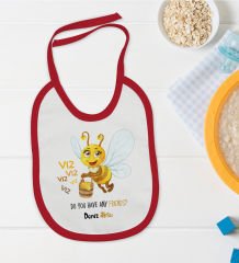 BK Kids Kişiye Özel Sevimli Arı Tasarımlı Kırmızı Bebek Mama Önlüğü-1