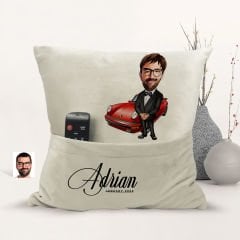BK Gift Kişiye Özel Boss Baba Karikatür Tasarımlı Organizer Kumanda ve Atıştırmalık Cepli Sarı Kırlent Yastık-9 Arkadaşa Hediye, Cepli Yastık