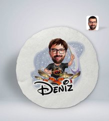 Kişiye Özel İsimli Erkek Baterist Karikatürlü Yuvarlak Araç Koltuk Yastığı-1