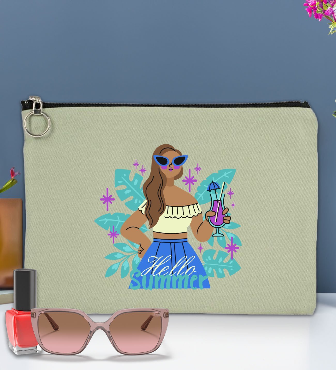 BK Gİft Yaz Temalı-3 Astarlı Mint Yeşili Portföy Çanta 30x21cm, Baskılı El Çantası, Organizer Çanta