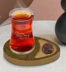 Kişiye Özel Retro Motif Tasarımlı Doğal Ahşap Tabaklı Heybeli Çay Bardağı Sunum Seti Model 4