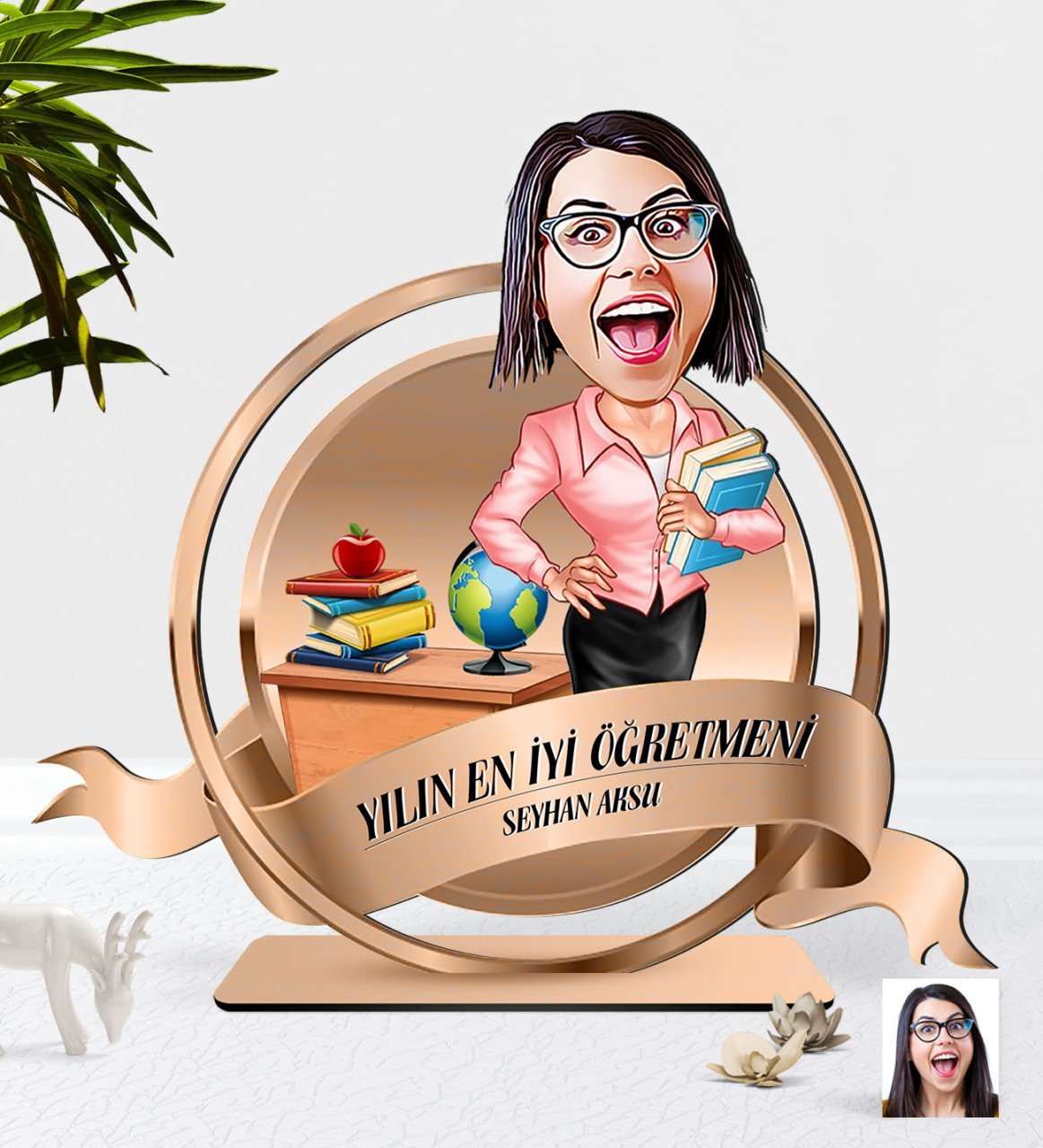 Kişiye Özel Yılın En İyi Kadın Öğretmeni Karikatürlü 3D Ahşap Biblo Plaket-7