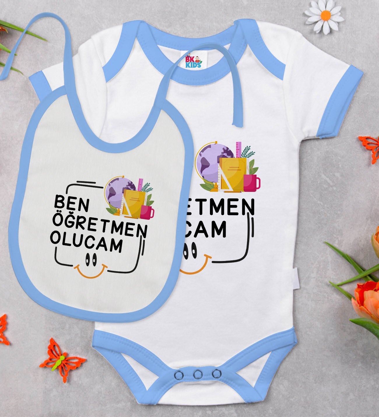 BK Kids Öğretmen Olucam Tasarımlı Mavi Bebek Body Zıbın ve Mama Önlüğü Hediye Seti-1