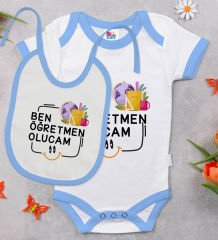 BK Kids Öğretmen Olucam Tasarımlı Mavi Bebek Body Zıbın ve Mama Önlüğü Hediye Seti-1