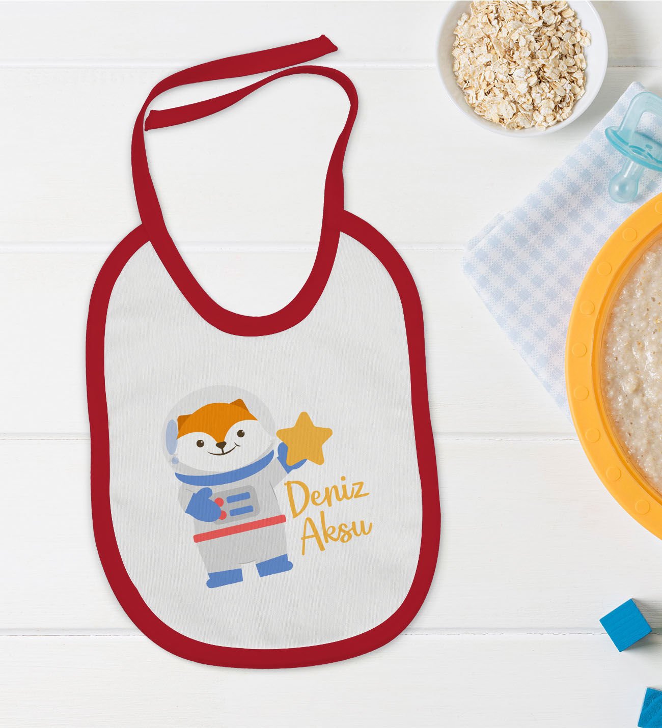 BK Kids Kişiye Özel Sevimli Astronot Tasarımlı Kırmızı Bebek Mama Önlüğü-3