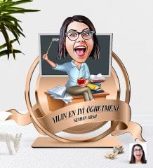 Kişiye Özel Yılın En İyi Kadın Öğretmeni Karikatürlü 3D Ahşap Biblo Plaket-8