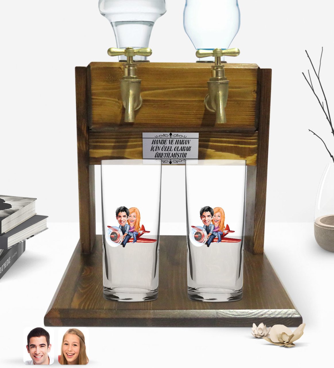 Kişiye Özel Sevgililer Tasarımlı İkili Rakı Bardağı ve Çift Musluklu Doğal Ahşap Rakı Standı-11
