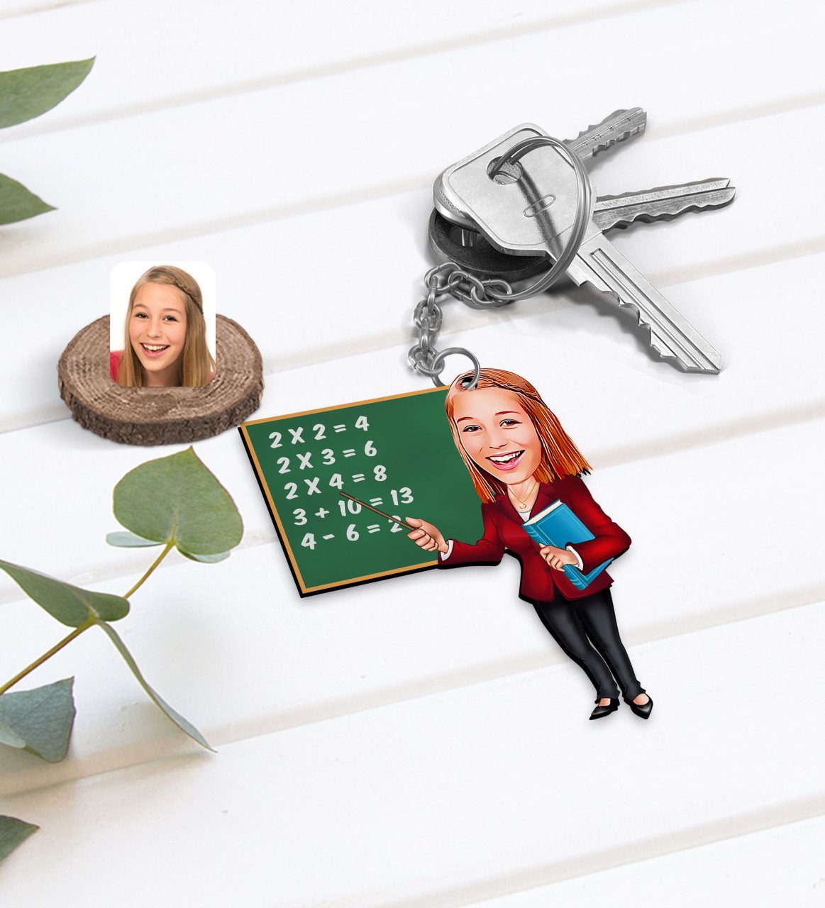 Kişiye Özel Kadın İlköğretim Matematik Öğretmeni Karikatürlü Ahşap Anahtarlık-1