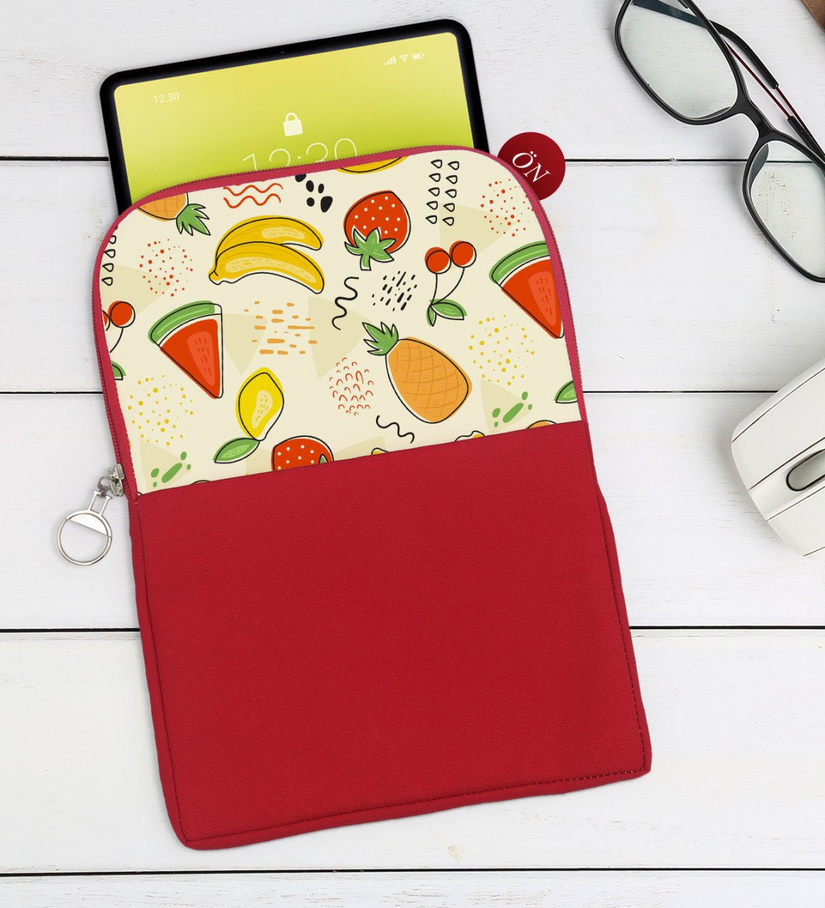 BK Gift Meyveler Tasarımlı Taşınabilir Koruyucu Tablet Kılıfı & Organizer Çanta - Kırmızı-2