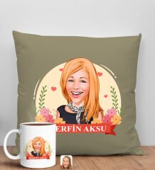 BK Gift Kişiye Özel Karikatürlü Anneler Günü Tasarımlı Haki Kırlent Yastık ve Kupa Seti, Anneye Hediye, Ev Dekorasyonu, Anneler Günü Hediyesi-6