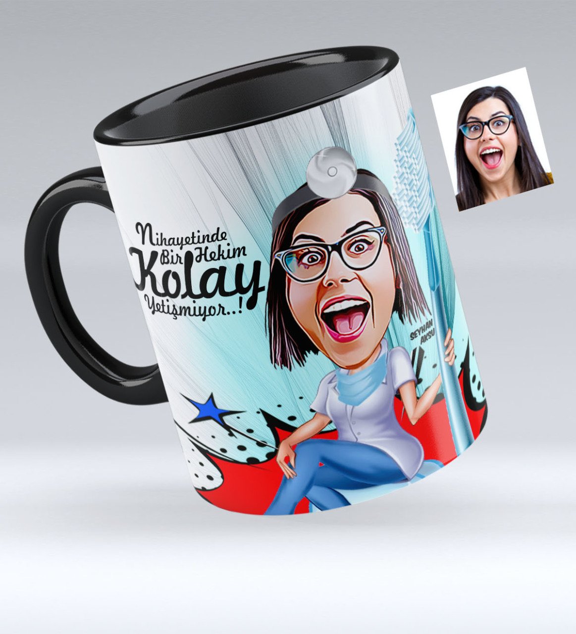 Kişiye Özel Bayan Diş Hekimi Karikatürlü Siyah Kupa Bardak - 3