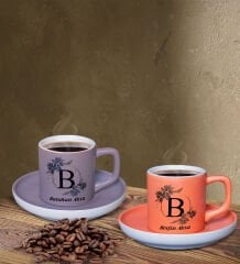 BK Gift Kişiye Özel Baş Harf İsimli Gri ve Somon Renk İkili Türk Kahvesi Fincan Seti-1, Ev Hediyesi, Arkadaşa Hediye, Doğum Günü Hediyesi