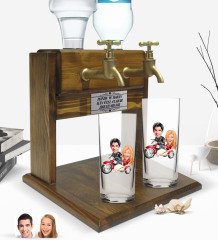 Kişiye Özel Sevgililer Tasarımlı İkili Rakı Bardağı ve Çift Musluklu Doğal Ahşap Rakı Standı-12