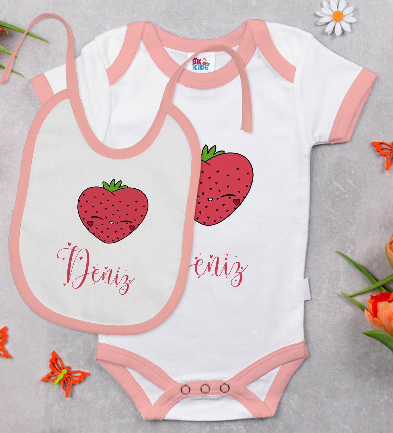 BK Kids Kişiye Özel İsimli Pembe Bebek Body Zıbın ve Mama Önlüğü Hediye Seti-32