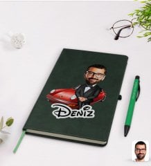 Kişiye Özel Erkek Patron Karikatürlü Yeşil Termo Deri Defter Kalem Seti Model 1