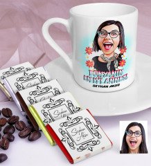 Kişiye Özel En İyi Anne Karikatürlü Türk Kahvesi Fincanı ve Çikolata Seti