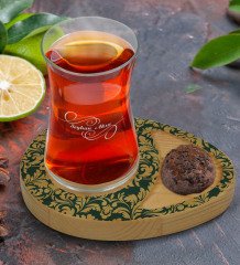 Kişiye Özel Retro Motif Tasarımlı Doğal Ahşap Tabaklı Heybeli Çay Bardağı Sunum Seti Model 8