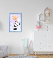 BK Home Tatlı Panda Tasarımlı Dekoratif Mavi Ahşap Çerçeveli Çocuk Odası Tablo-1
