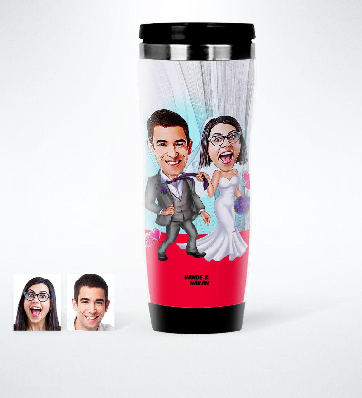 Kişiye Özel Gelin Damat Karikatürlü Çelik Termos Bardak - 6