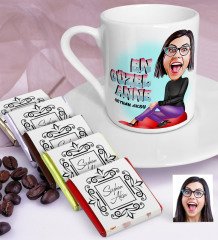 Kişiye Özel En Güzel Anne Karikatürlü Türk Kahvesi Fincanı ve Çikolata Seti