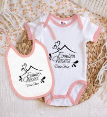 BK Kids Kişiye Özel Evimizin Neşesi Tasarımlı Pembe Bebek Body Zıbın ve Mama Önlüğü Hediye Seti