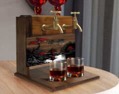 BK Gift Kişiye Özel Kabartma Manzara Tasarımlı Çift Musluklu Doğal Ahşap İçki Standı-7, İçki Standı, Doğum Günü Hediyesi, Ev Hediyesi, Erkek Hediye