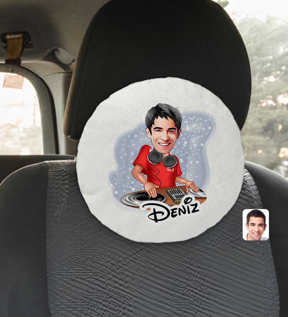 Kişiye Özel İsimli Erkek Dj Karikatürlü Yuvarlak Araç Koltuk Yastığı-1