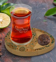 Kişiye Özel Retro Motif Tasarımlı Doğal Ahşap Tabaklı Heybeli Çay Bardağı Sunum Seti Model 11