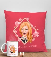 BK Gift Kişiye Özel Karikatürlü Anneler Günü Tasarımlı Kırmızı Kırlent Yastık ve Kupa Seti, Anneye Hediye, Ev Dekorasyonu, Anneler Günü Hediyesi-4