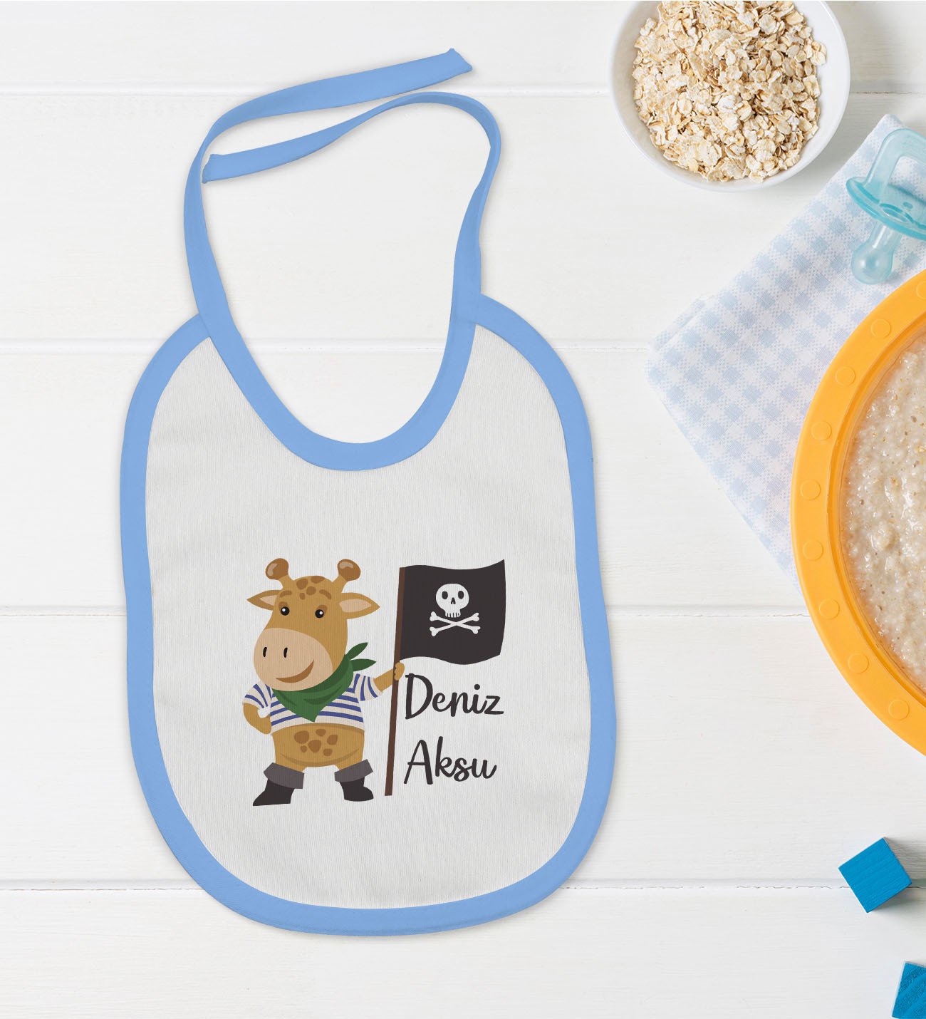 BK Kids Kişiye Özel Mavi Bebek Mama Önlüğü - Model 181