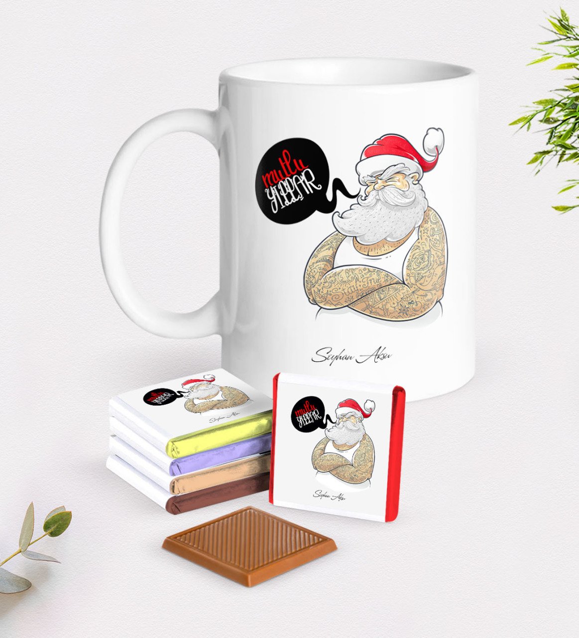 Kişiye Özel Noel Baba Beyaz Kupa ve Çikolata Hediye Seti-4