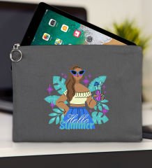 BK Gİft Yaz Temalı-3 Antrasit Tablet Çantası 30x21cm, Ipad Çantası, Baskılı Tablet Kılıfı