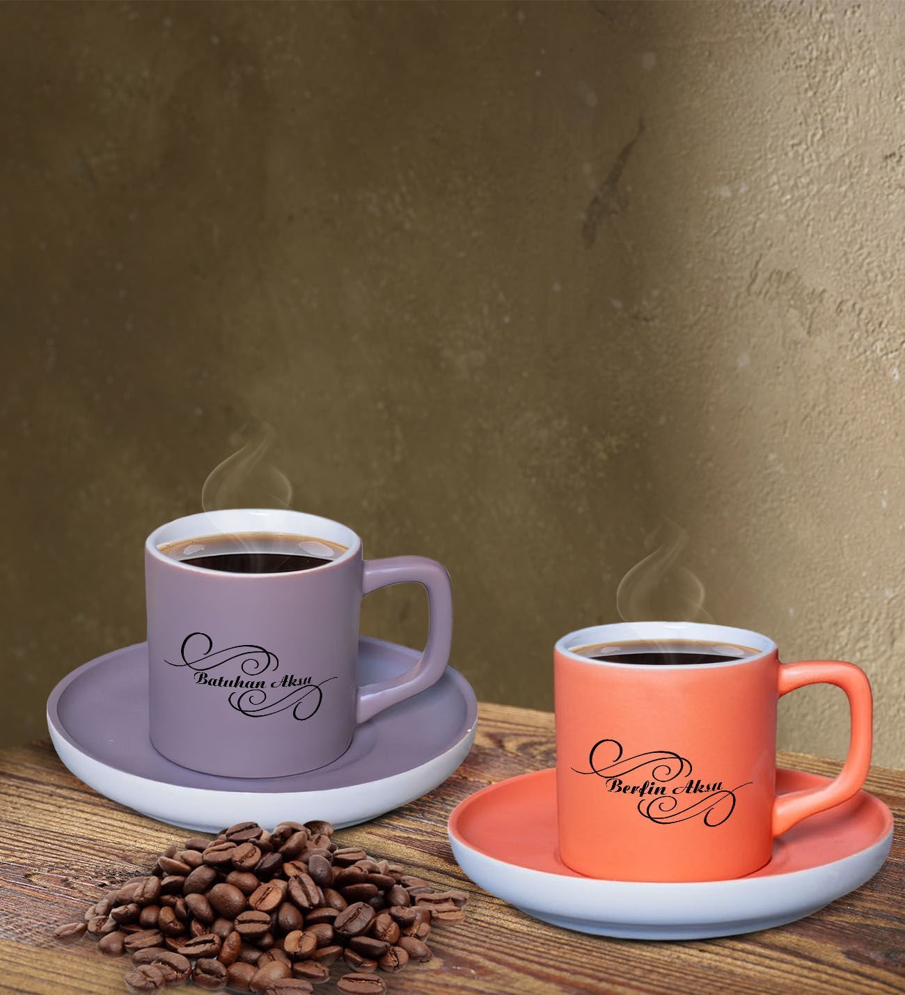 BK Gift Kişiye Özel İsimli Gri ve Somon Renk İkili Türk Kahvesi Fincan Seti-3, Ev Hediyesi, Arkadaşa Hediye, Doğum Günü Hediyesi