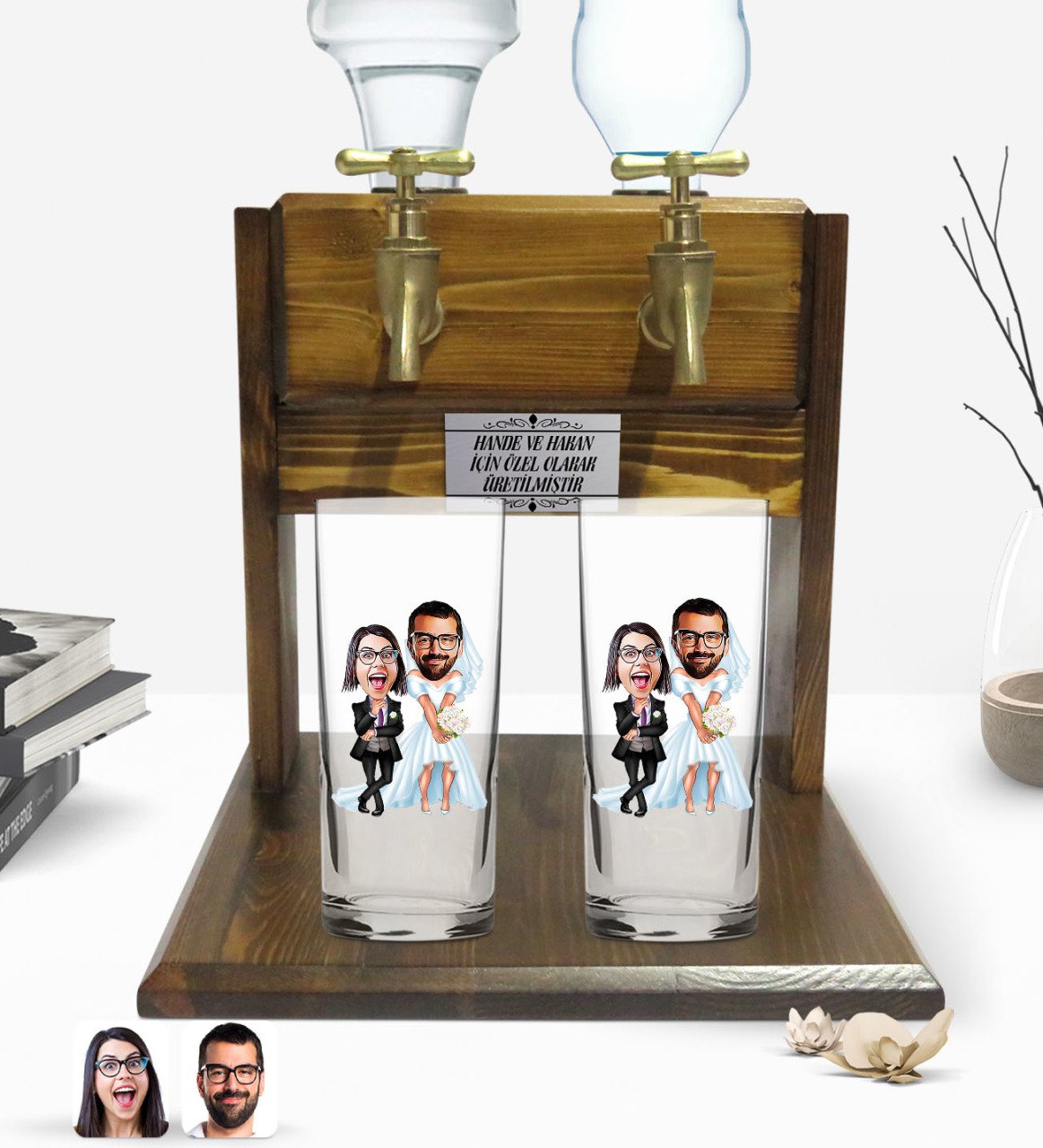 Kişiye Özel Sevgililer Tasarımlı İkili Rakı Bardağı ve Çift Musluklu Doğal Ahşap Rakı Standı-16